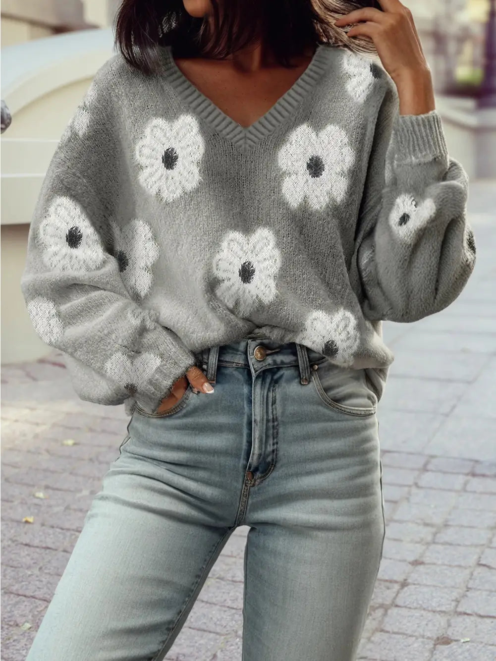 Cute Flower Print V Neck Drop Shoulder Baggy Sweater