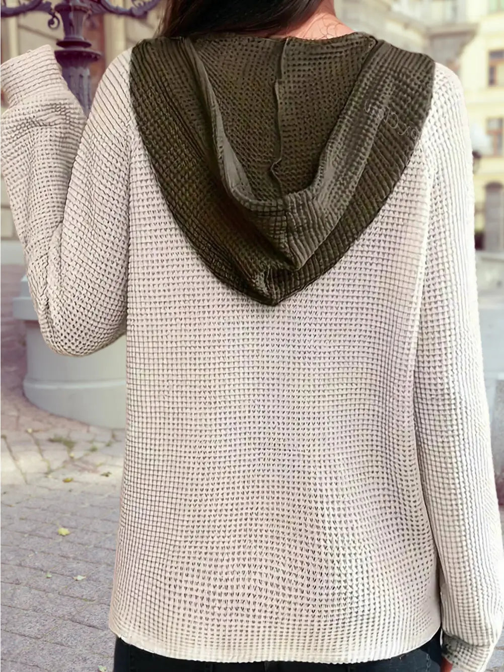 Waffle Contrast Half Buttoned Hooded Pullover Top