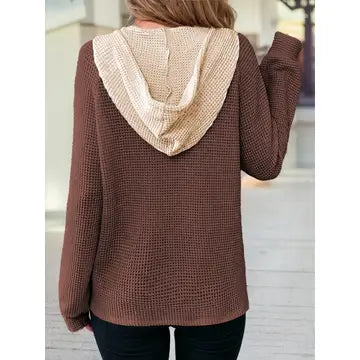 Waffle Contrast Half Buttoned Hooded Pullover Top