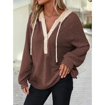 Waffle Contrast Half Buttoned Hooded Pullover Top