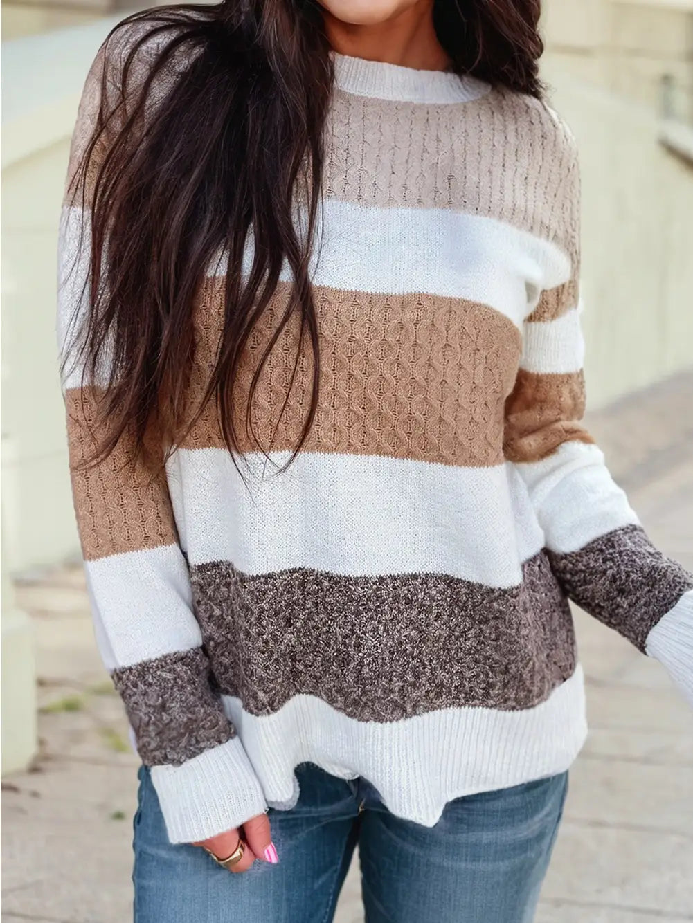 Mixed Texture Knit Striped Color Block Loose Sweater