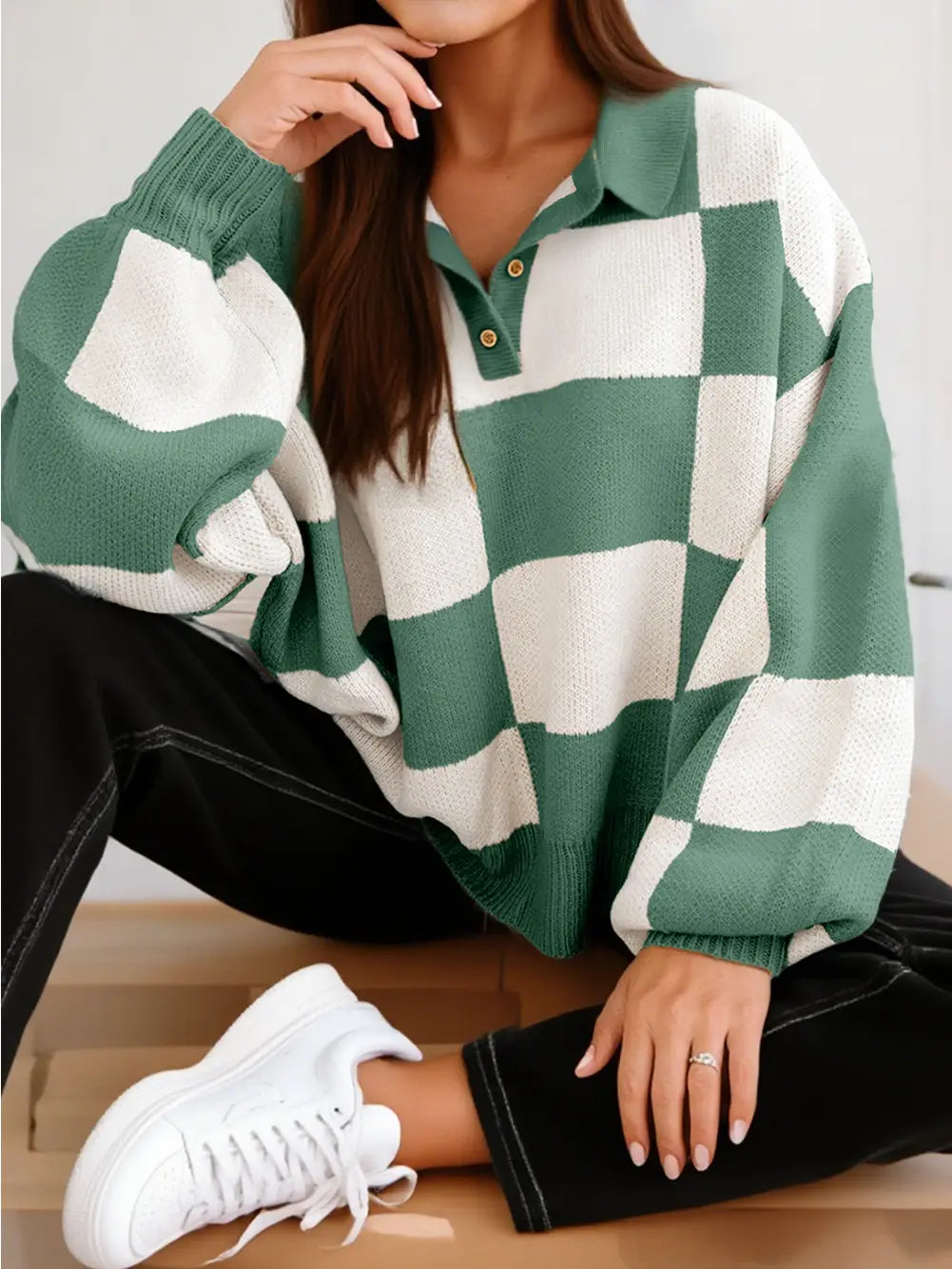 Checkered V-Neck Pullover Sweater