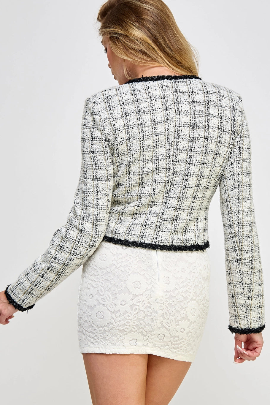 Cropped Tweed Jacket Gold Buttons Round Neck