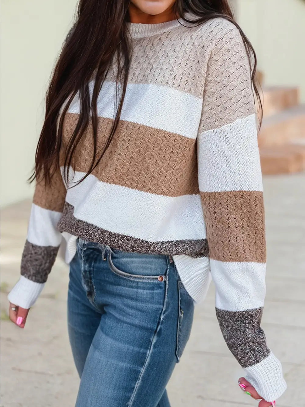 Mixed Texture Knit Striped Color Block Loose Sweater