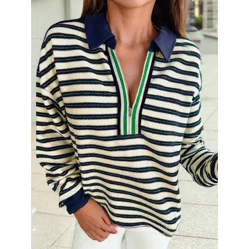 Stripe Woven Ribbon Zipper Striped Pullover Sweater