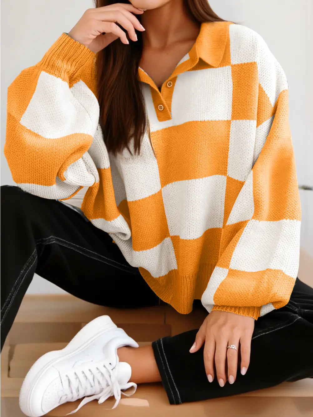 Checkered V-Neck Pullover Sweater