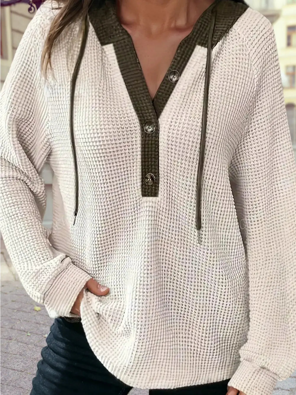 Waffle Contrast Half Buttoned Hooded Pullover Top