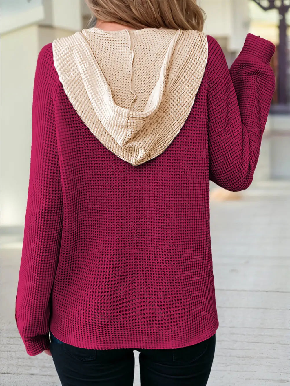 Waffle Contrast Half Buttoned Hooded Pullover Top