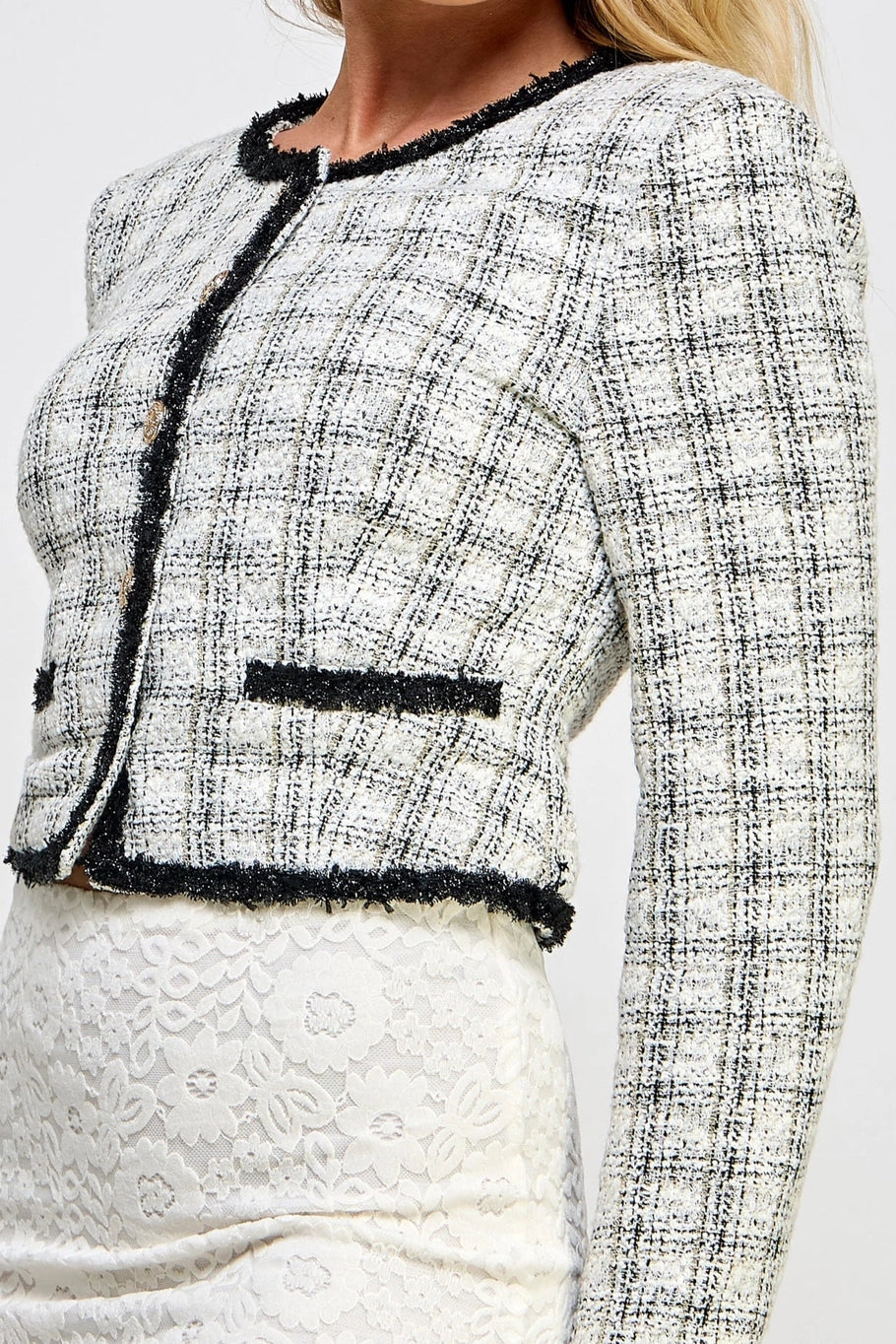 Cropped Tweed Jacket Gold Buttons Round Neck