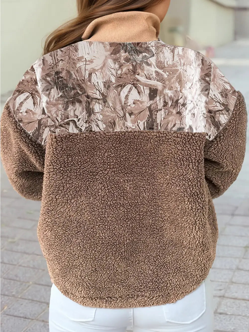 Camo/Plant Print Patchwork Sherpa Jacket with Zipper