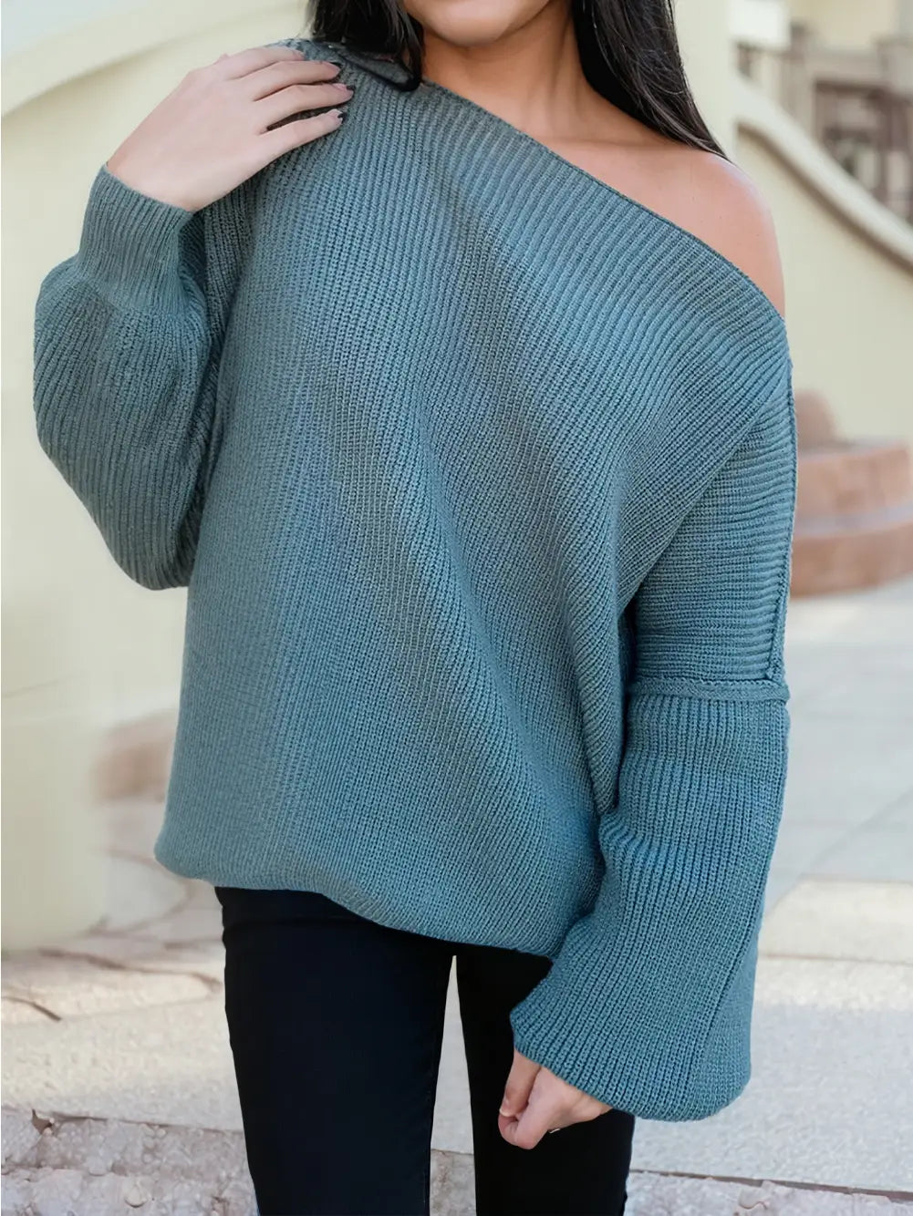 Asymmetric Neck Drop Shoulder Baggy Sweater