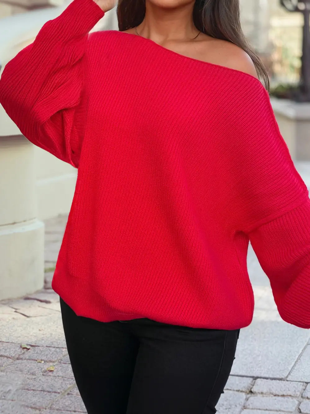 Asymmetric Neck Drop Shoulder Baggy Sweater