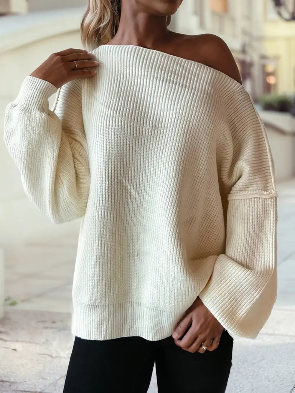 Asymmetric Neck Drop Shoulder Baggy Sweater