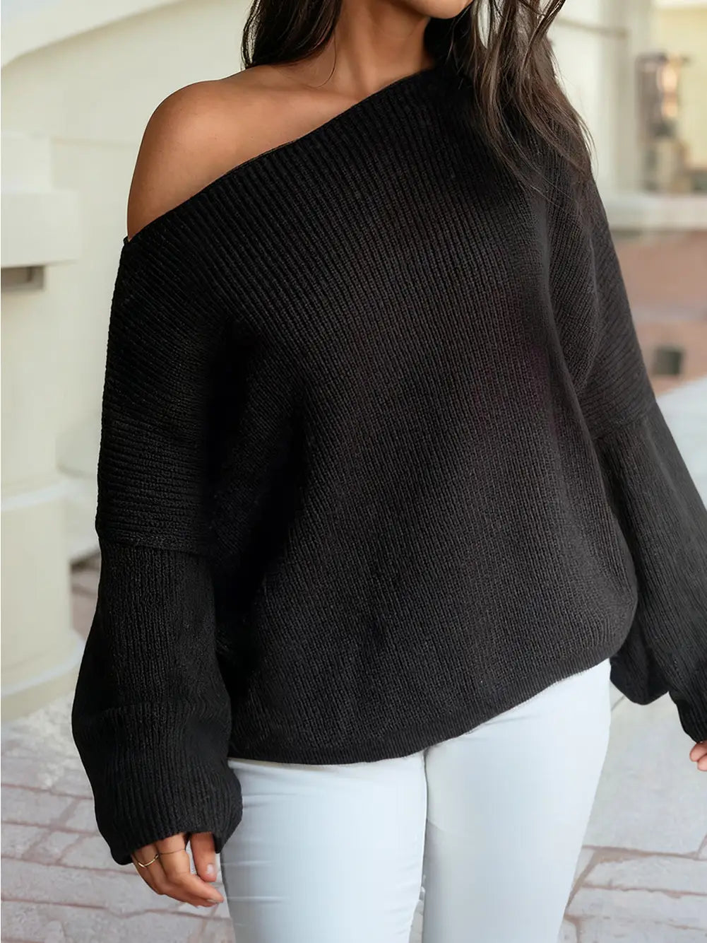 Asymmetric Neck Drop Shoulder Baggy Sweater