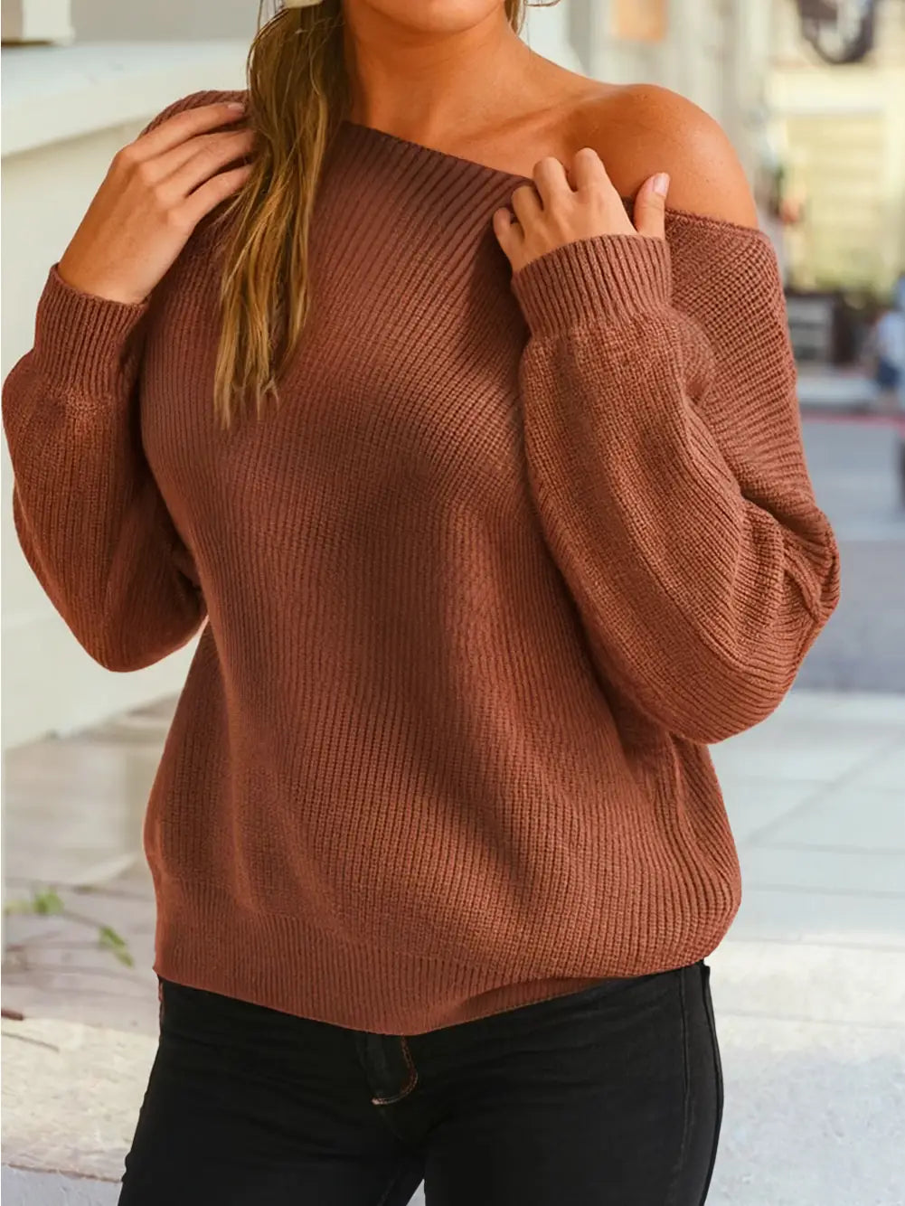 Asymmetric Neck Drop Shoulder Baggy Sweater