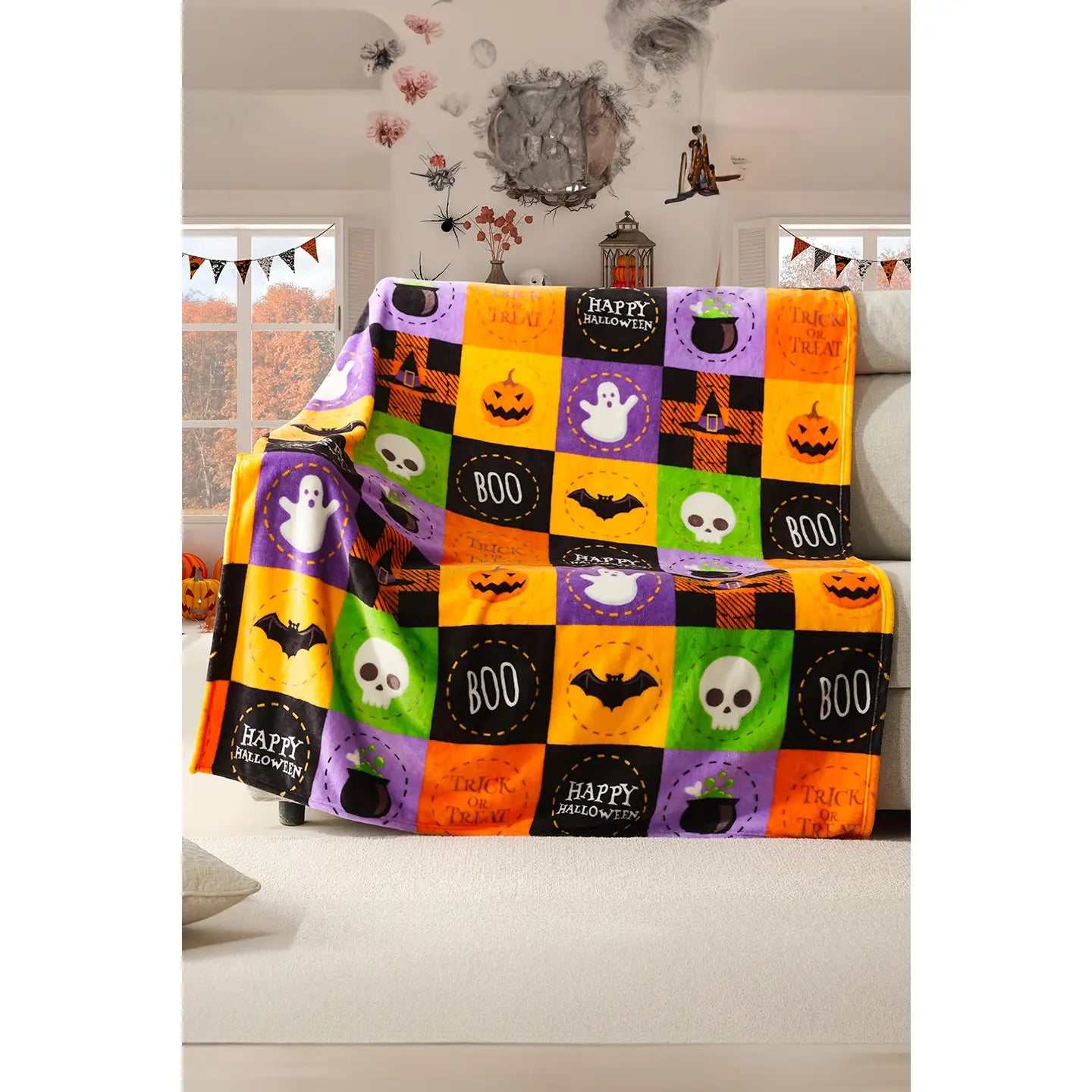 Halloween Patten Checkerboard Flannel Large Blanket