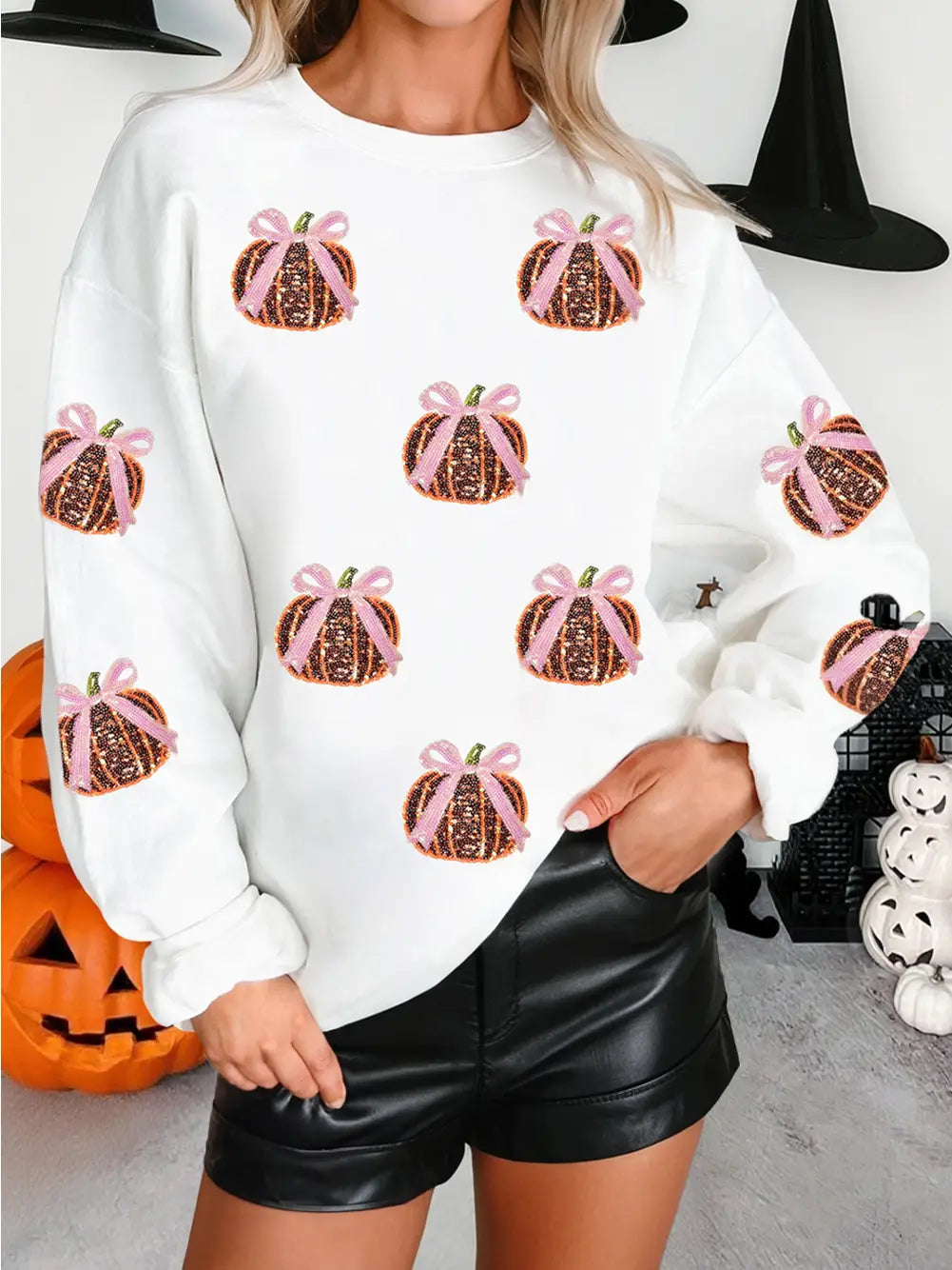 Sequin Bow Pumpkin Patched Cotton Baggy Sweatshirt