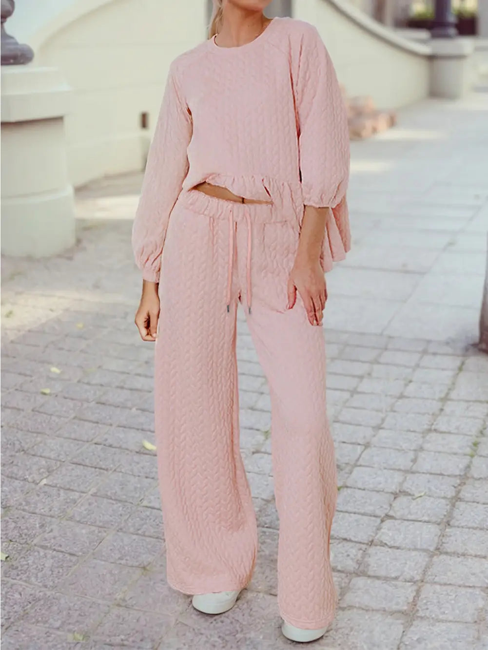 Braided Texture Ruffle Hem Top Drawstring Loose Pants Set