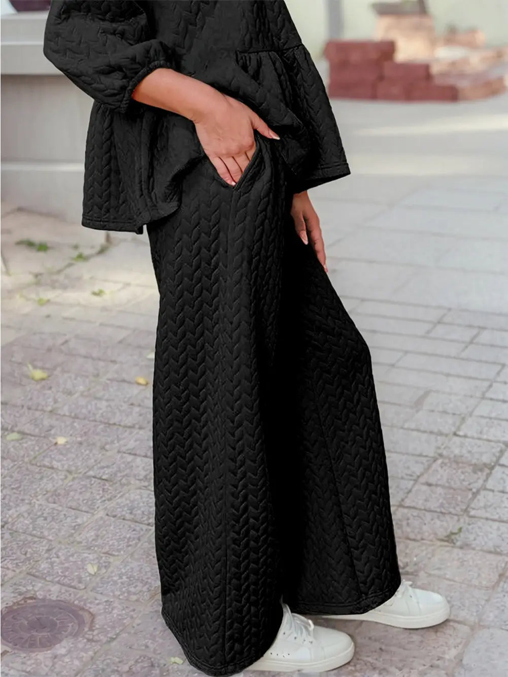 Braided Texture Ruffle Hem Top Drawstring Loose Pants Set