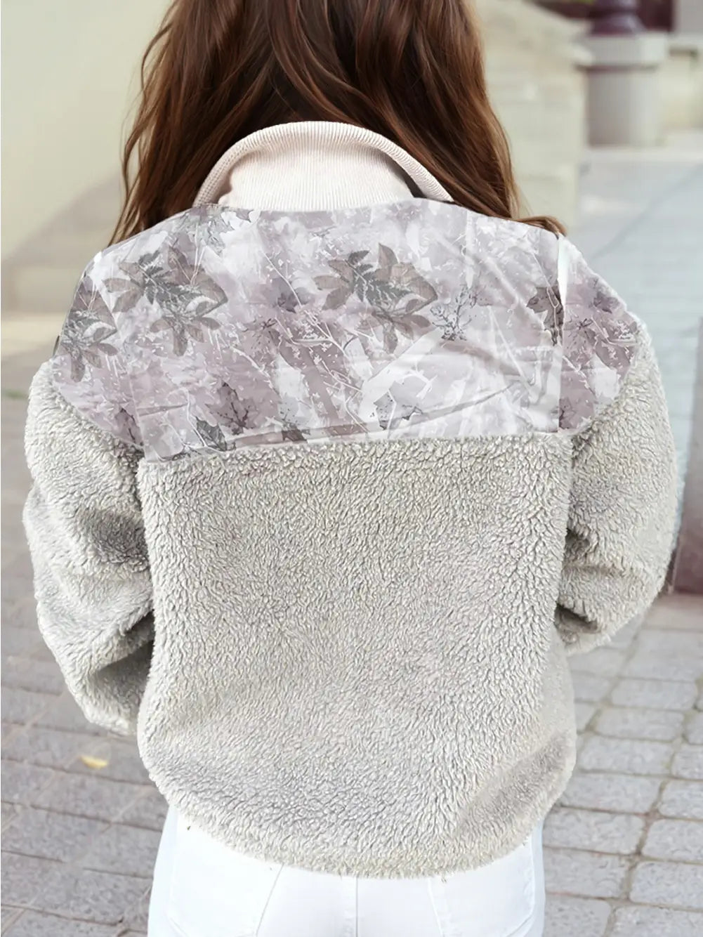 Camo/Plant Print Patchwork Sherpa Jacket with Zipper