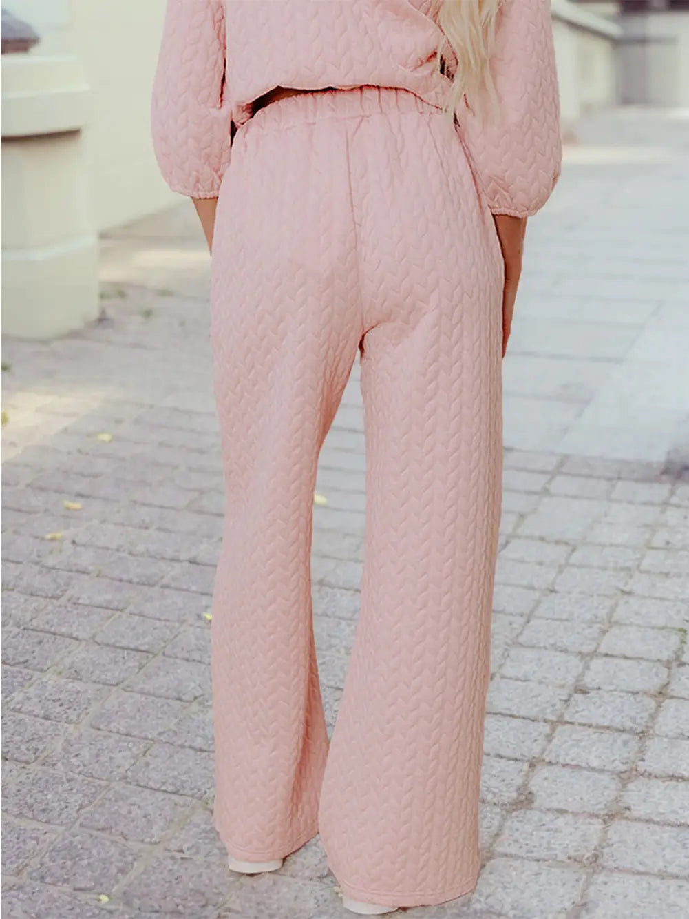 Braided Texture Ruffle Hem Top Drawstring Loose Pants Set