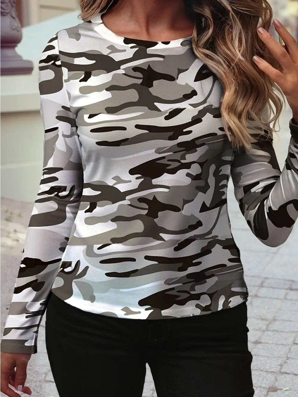 2025 Fall Western Camouflage Print Mesh Long Sleeve Top