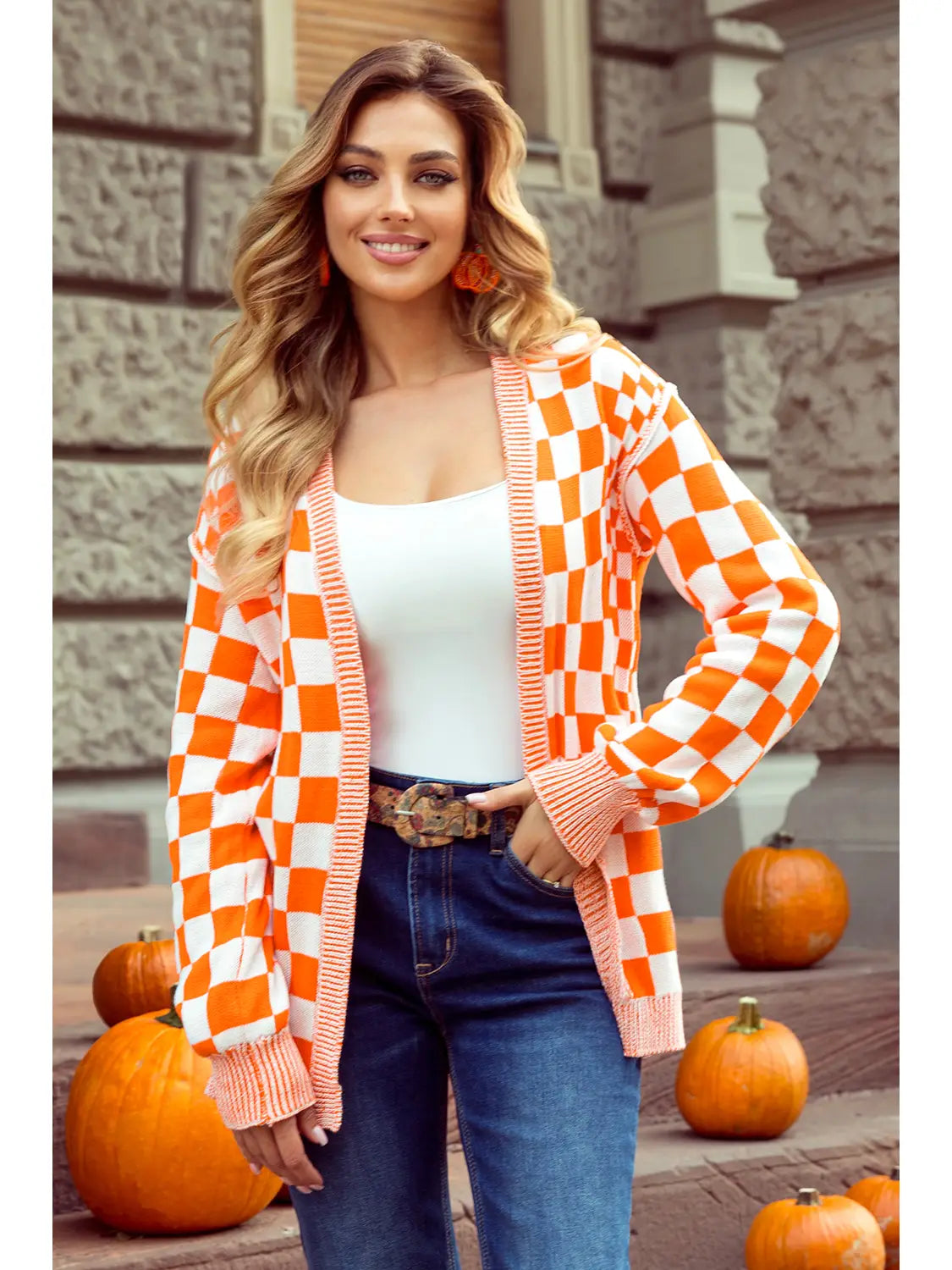 Checkered Open Front Drop Shoulder Cardigan