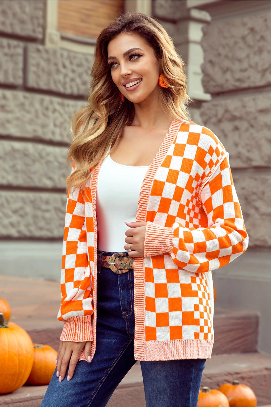 Checkered Open Front Drop Shoulder Cardigan