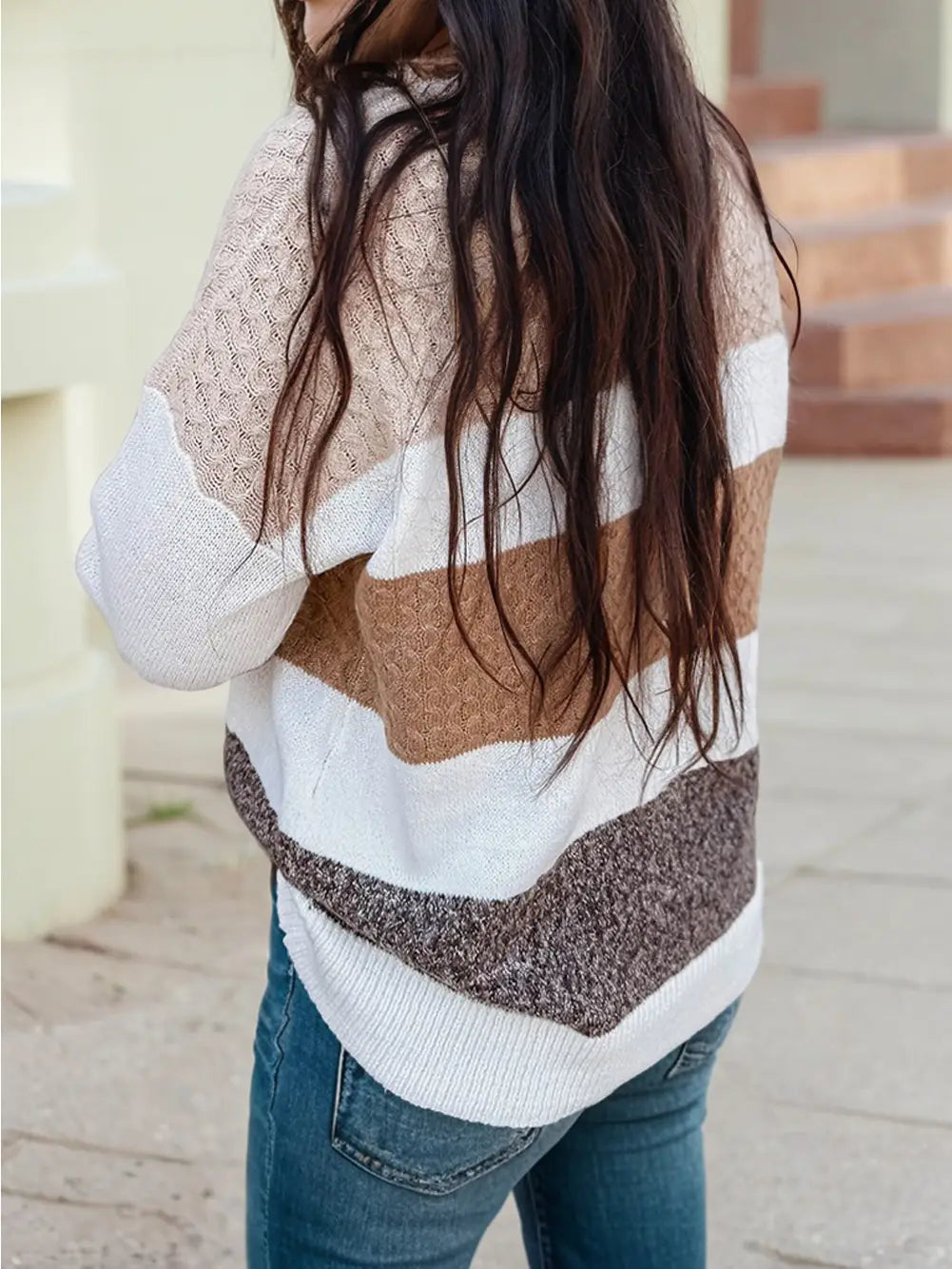 Mixed Texture Knit Striped Color Block Loose Sweater