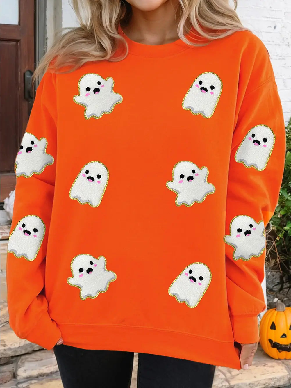 Halloween Ghost Cute Patched Pattern Holiday Sweatshirt