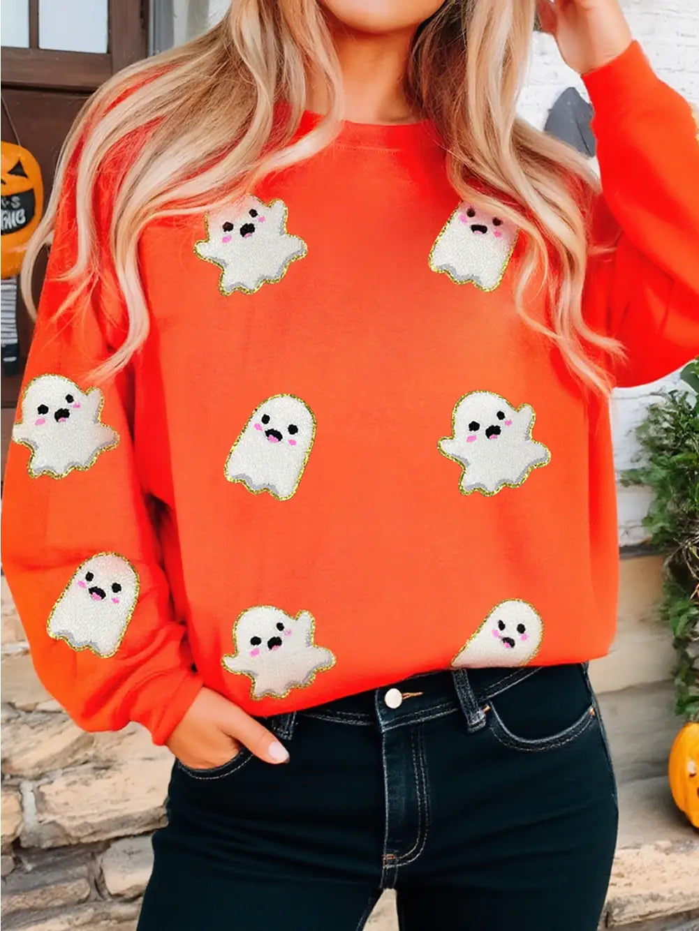 Halloween Ghost Cute Patched Pattern Holiday Sweatshirt