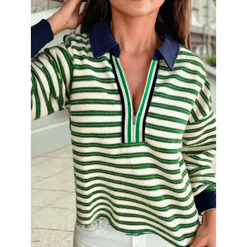 Stripe Woven Ribbon Zipper Striped Pullover Sweater