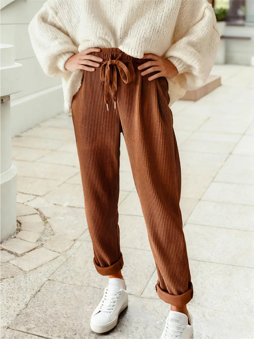 Drawstring Elastic Waist Casual Corduroy Pants