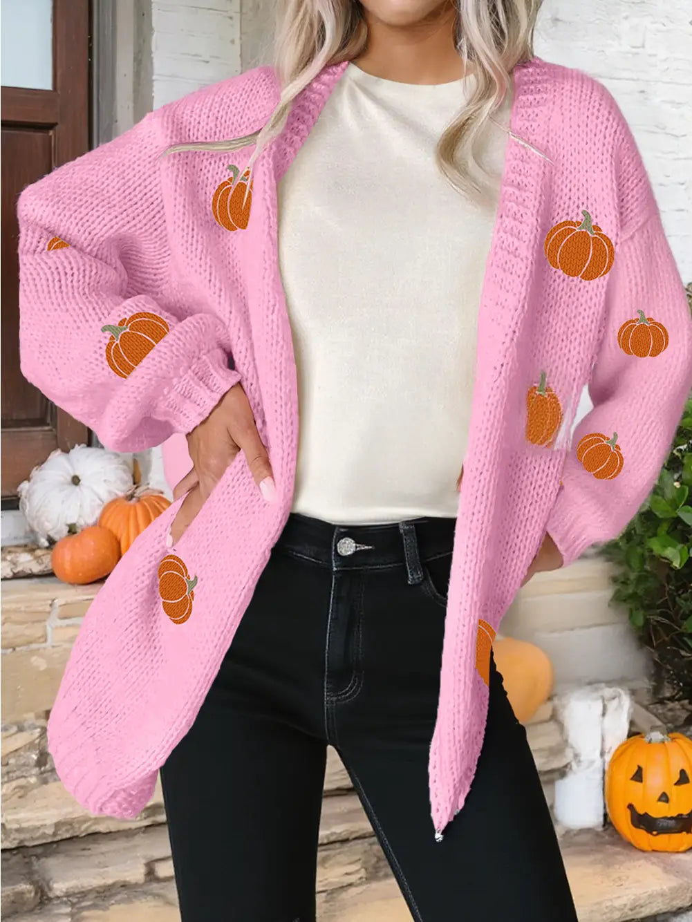 Pumpkin Print Open Front Drop Shoulder Sweater Cardigan