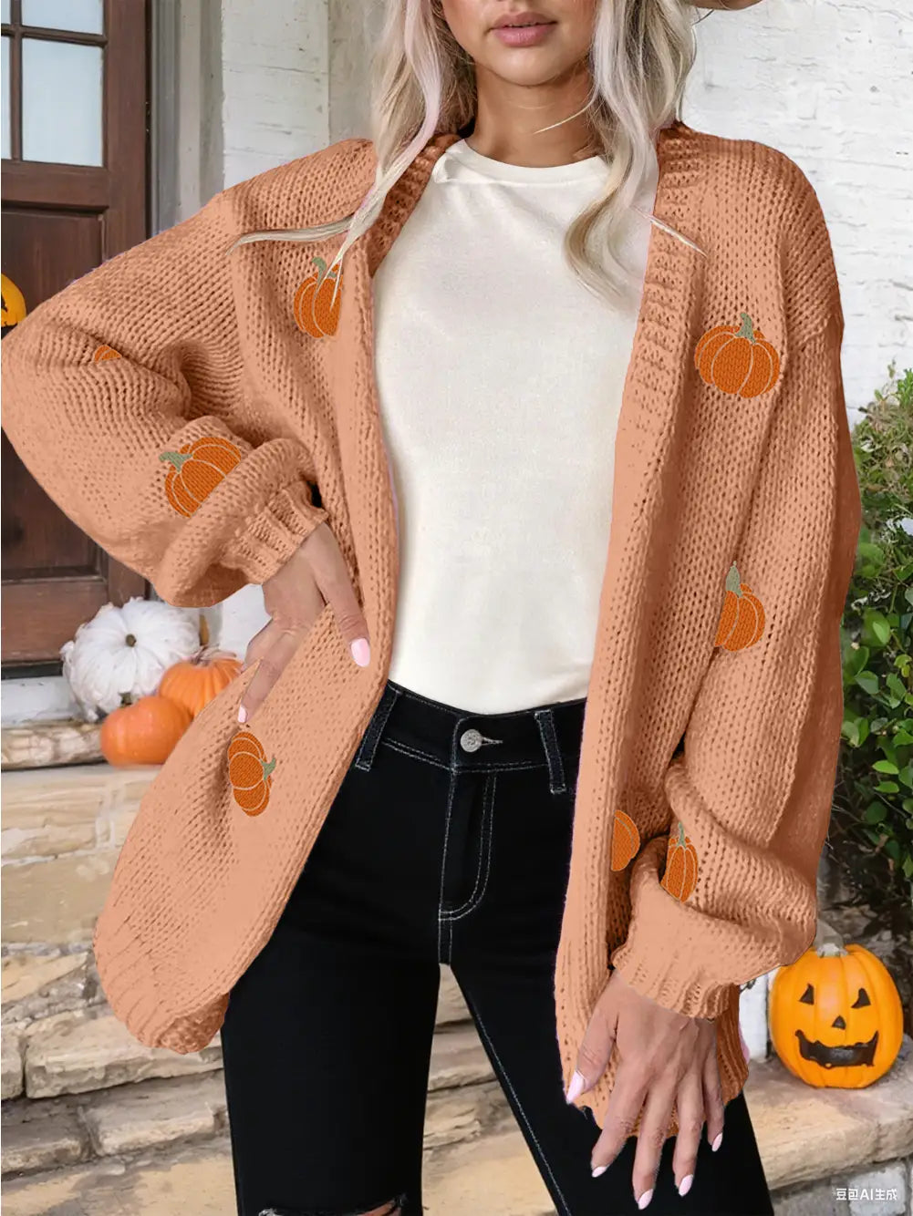 Pumpkin Print Open Front Drop Shoulder Sweater Cardigan
