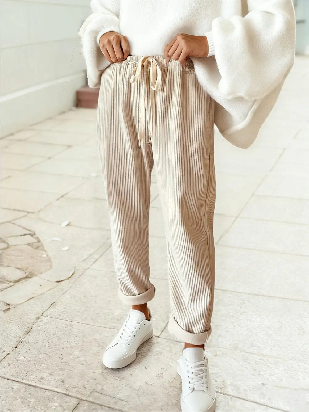 Drawstring Elastic Waist Casual Corduroy Pants