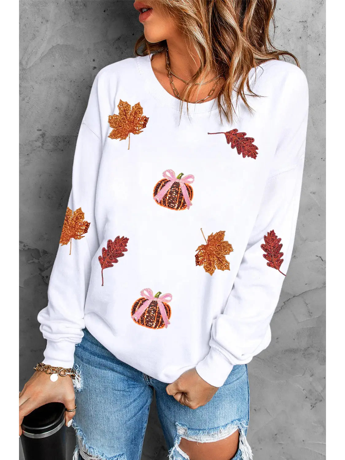 Fall Leaf Bow Pumpkin Sequin Patched Baggy Sweatshirt