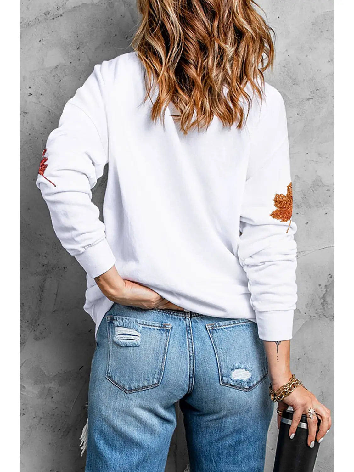 Fall Leaf Bow Pumpkin Sequin Patched Baggy Sweatshirt