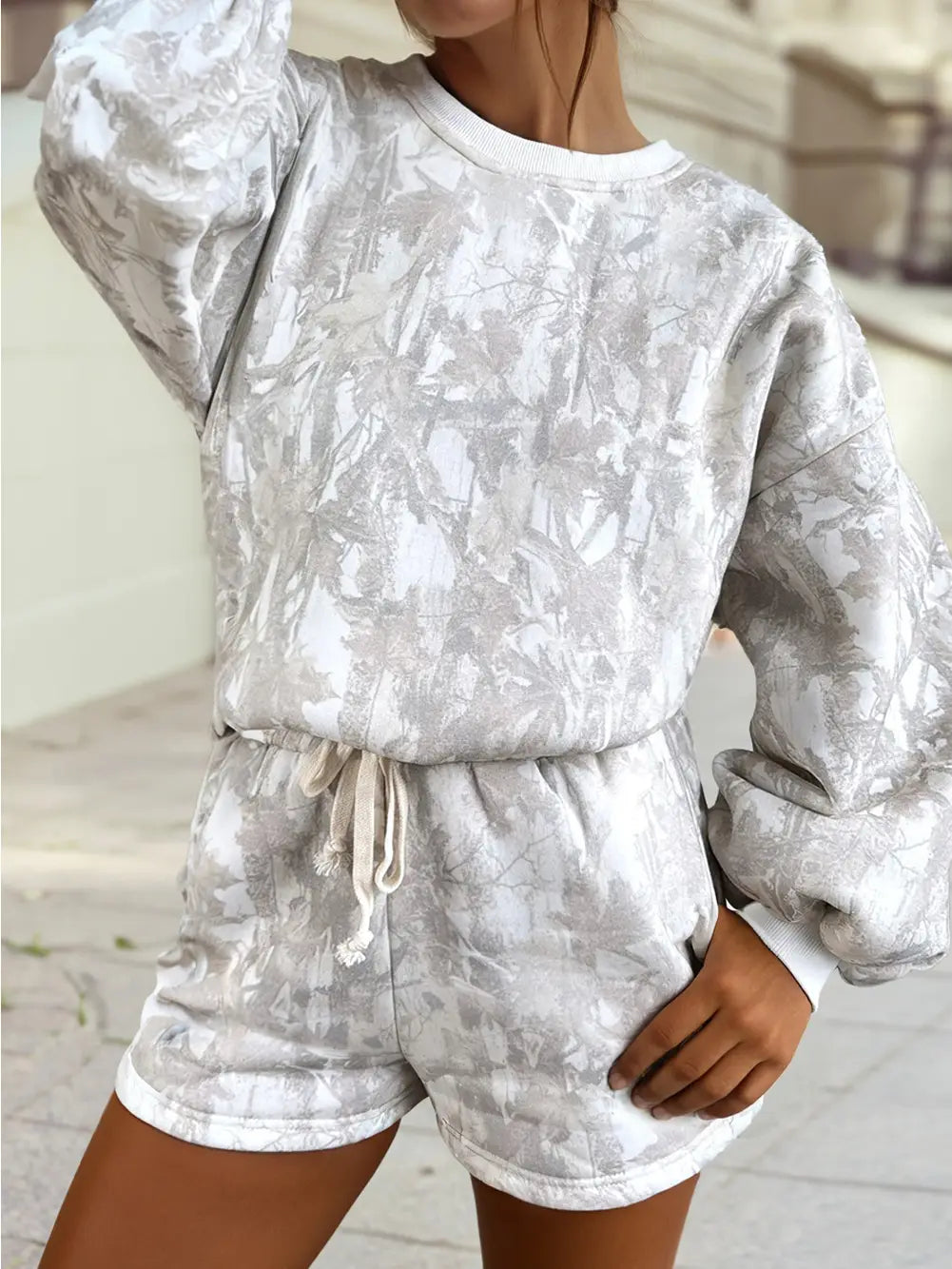 2025 Fall Camo Print Long Sleeve Top and Shorts Set