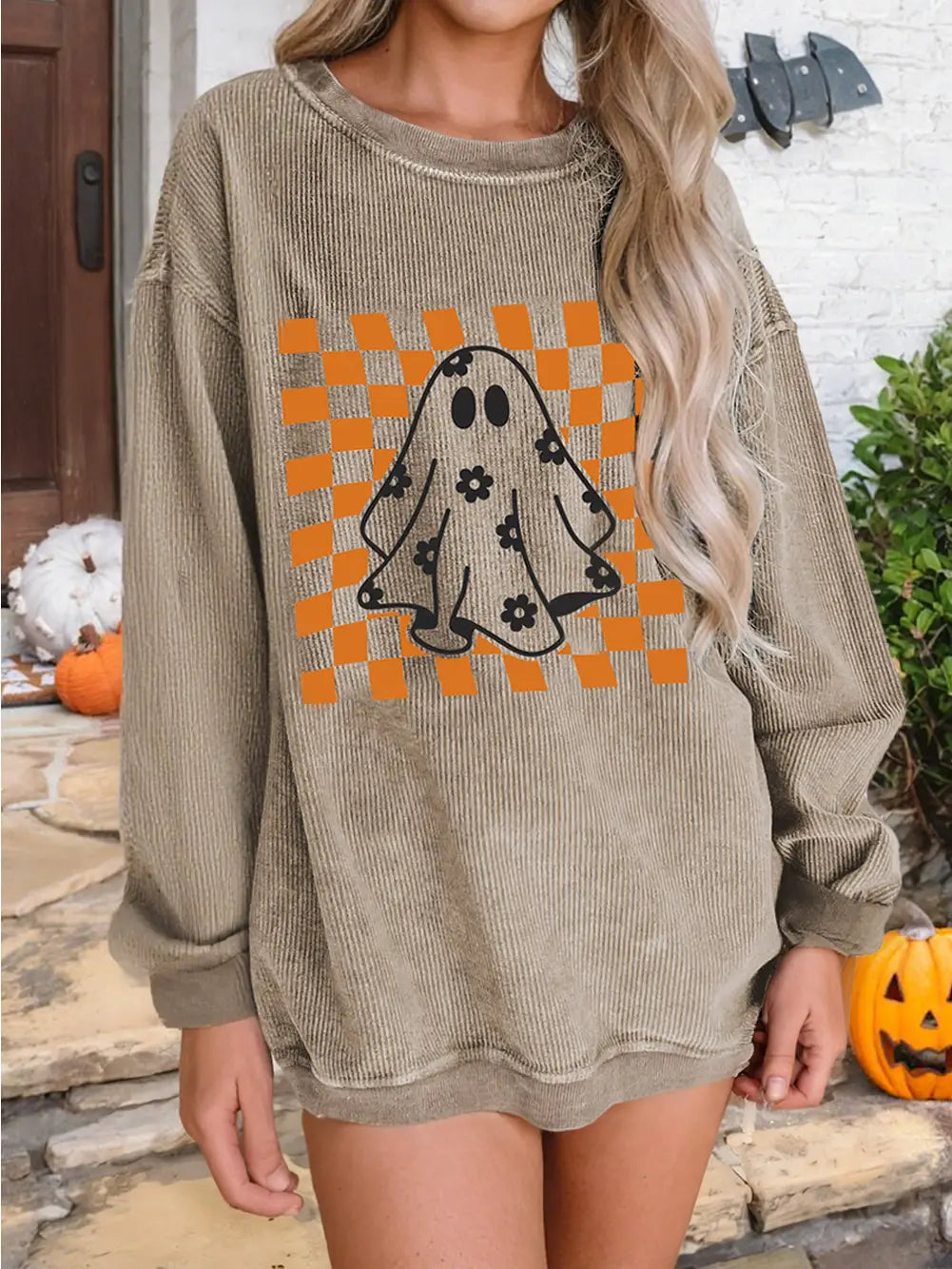 Checkerboard Floral Ghost Graphic Cord Halloween Sweatshirt
