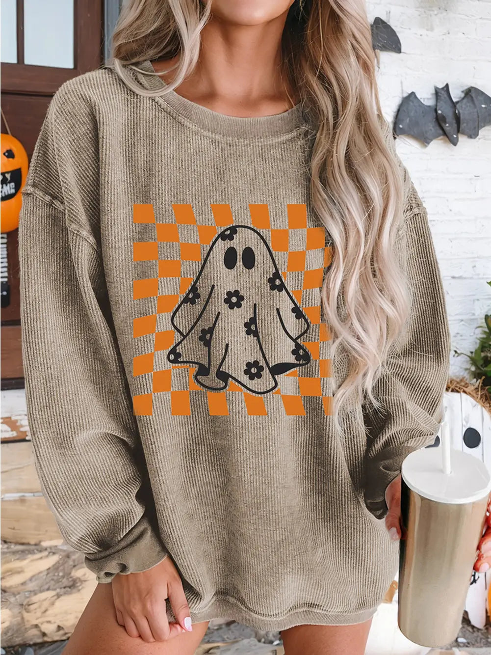 Checkerboard Floral Ghost Graphic Cord Halloween Sweatshirt