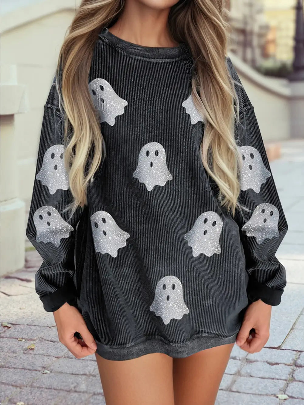 Halloween Ghost Corded Crew Neck Loose Sweatshirt