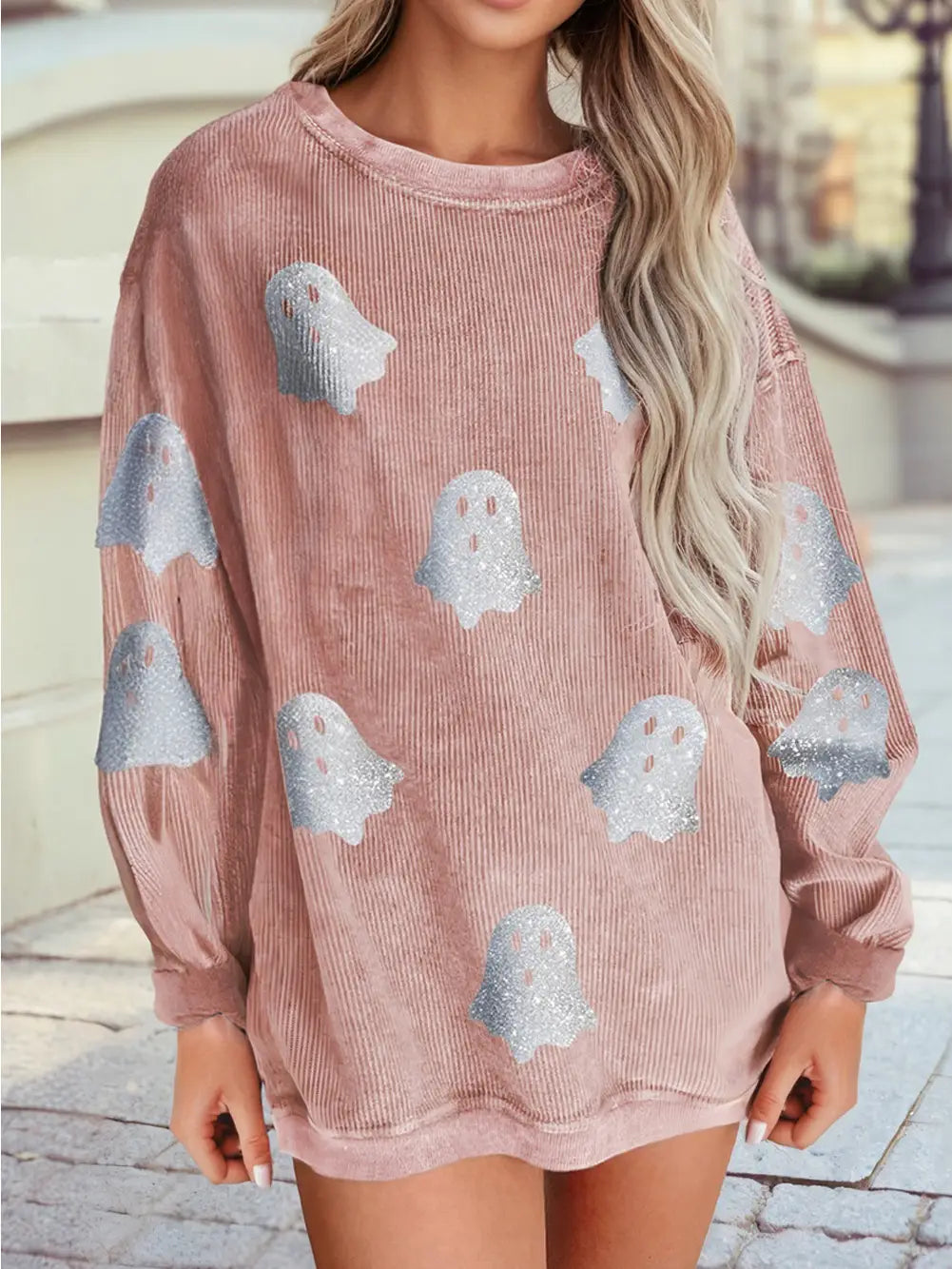 Halloween Ghost Corded Crew Neck Loose Sweatshirt