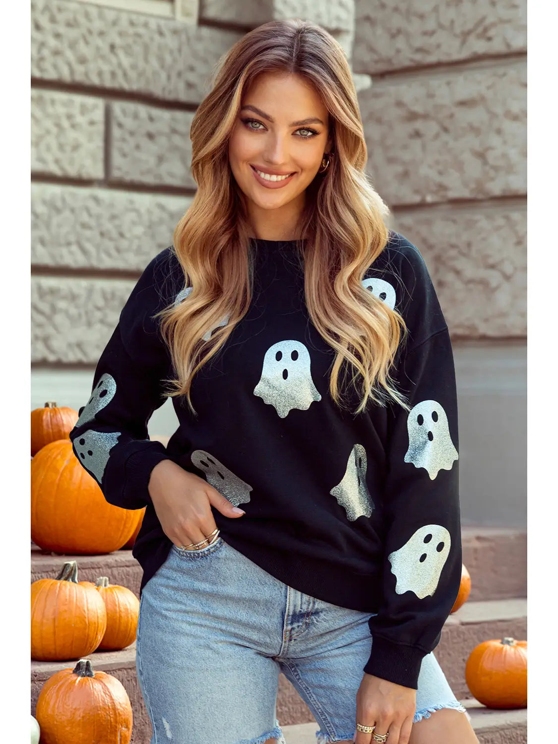 Glitter Ghost Pattern Crew Neck Halloween Sweatshirt