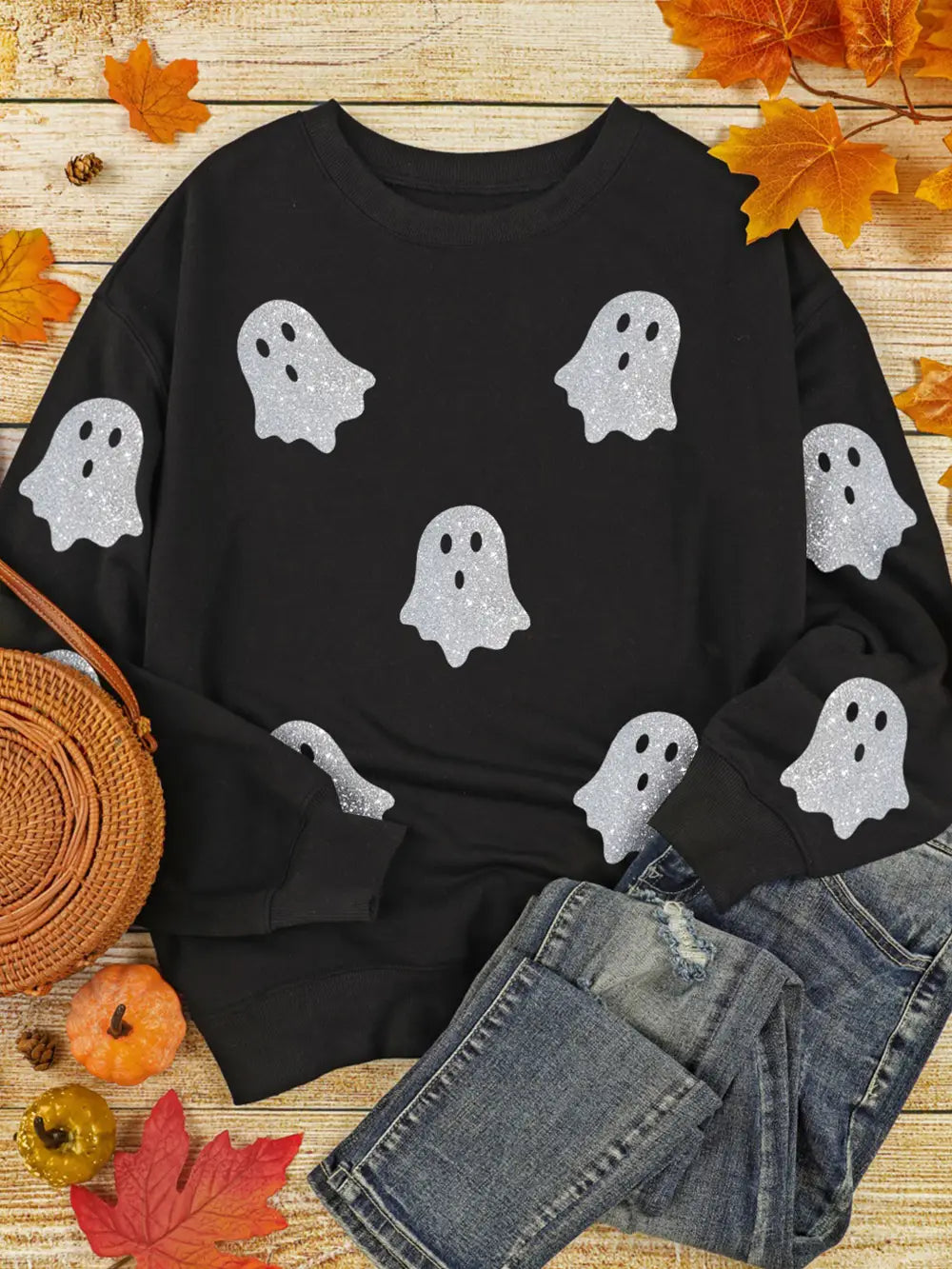 Glitter Ghost Pattern Crew Neck Halloween Sweatshirt