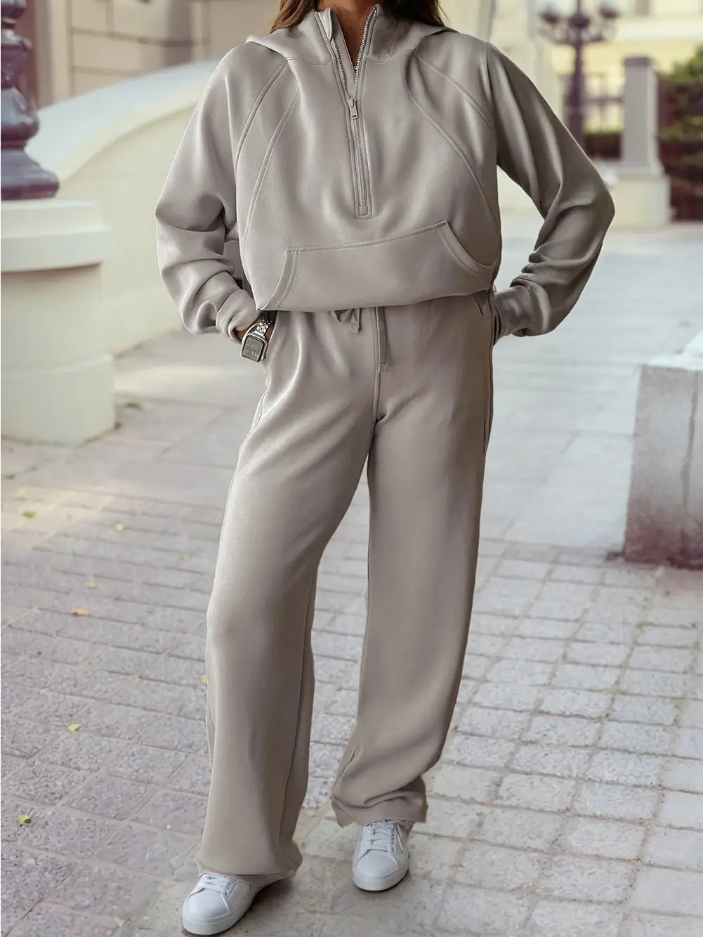 Half Zip Thumbhole Sleeve Hoodie Active Pants 2pcs Outfit