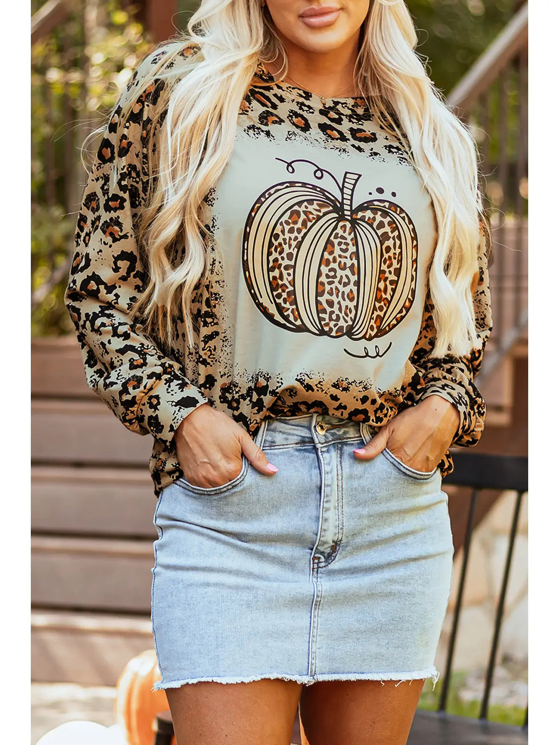 Bleached Halloween Pumpkin Leopard Print Sweatshirt