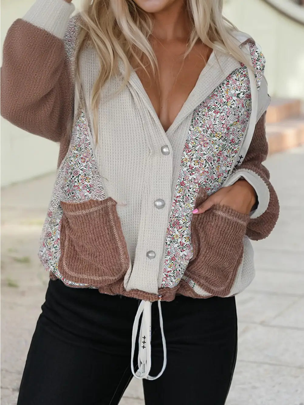 Mixed Textured Colorblock Floral Patchwork Hooded Shacket
