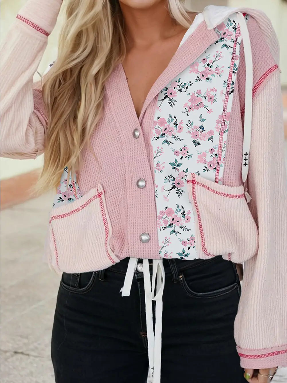 Mixed Textured Colorblock Floral Patchwork Hooded Shacket