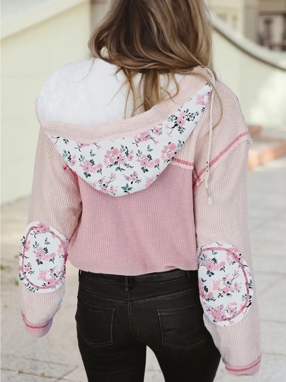 Mixed Textured Colorblock Floral Patchwork Hooded Shacket